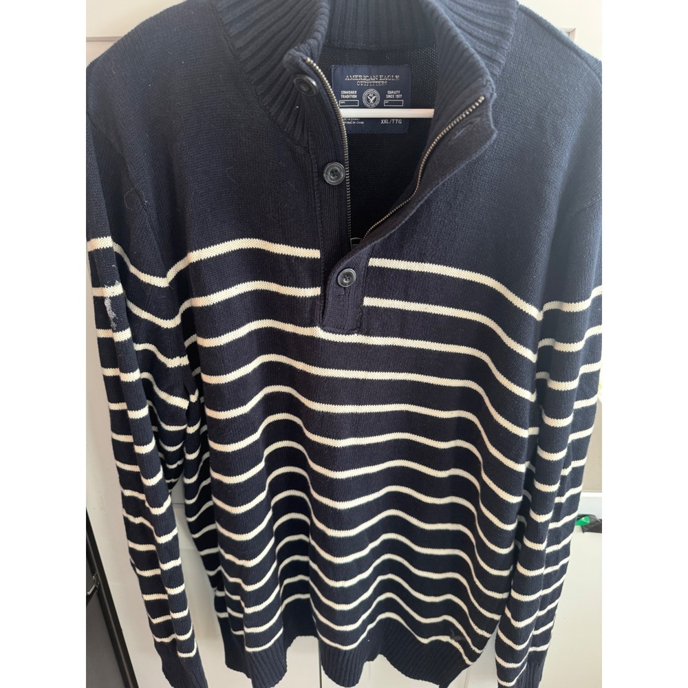 American Eagle Mens XXL Navy Blue White‎ Striped Quarter Zip Button Sweater